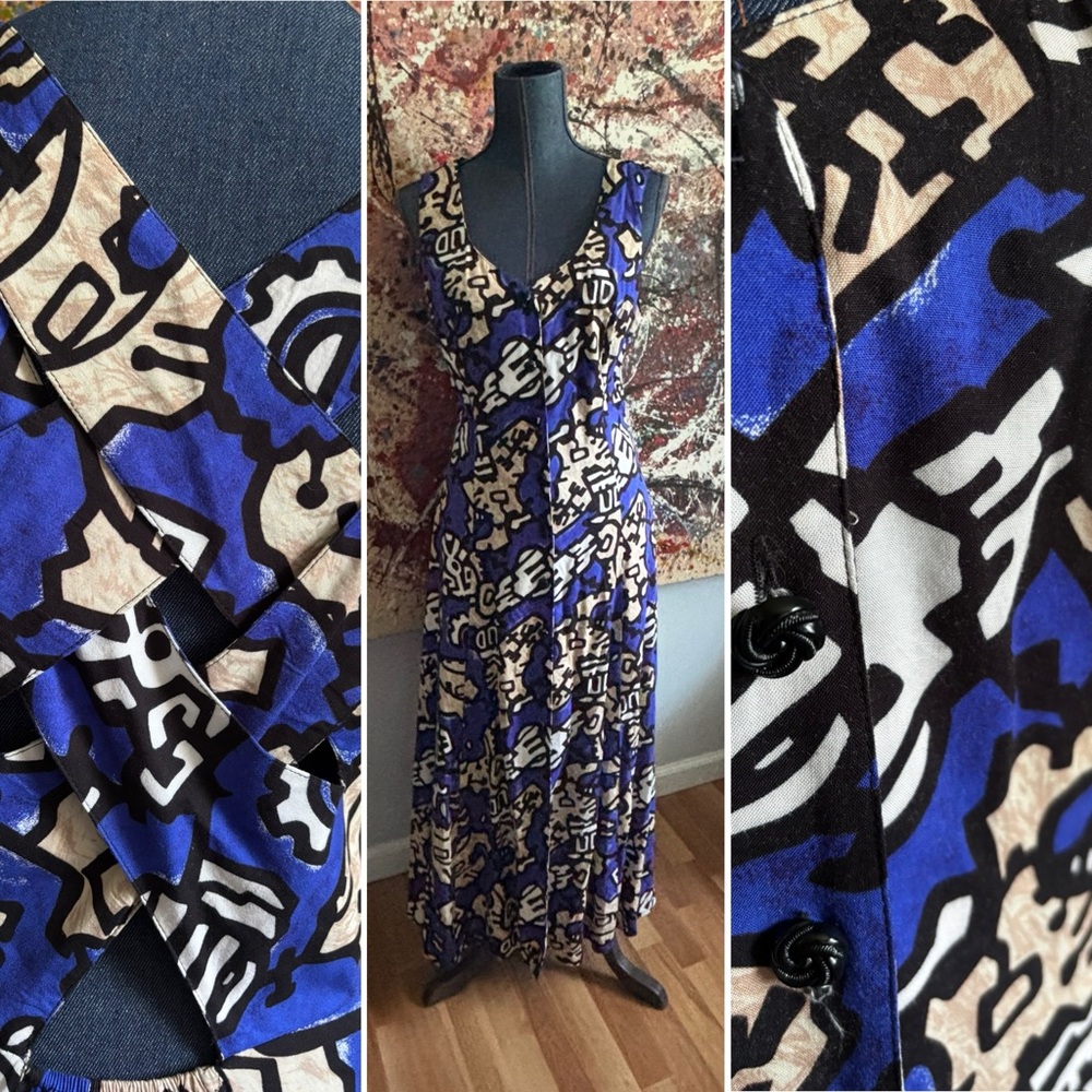 Vintage Abstract Blue and Black Dress